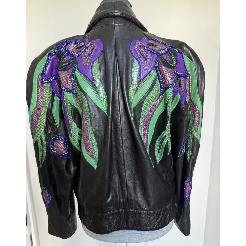 Vtg 80's Erez Flaming Irises Leather Jacket M Moto Snakeskin Trim Colorful Art - Picture 7 of 16